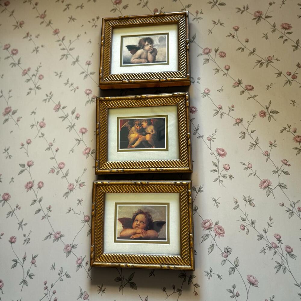 Vintage Framed Cherub Angel Print Set of 3 | Gold Rope Frame Wall Art | Italian